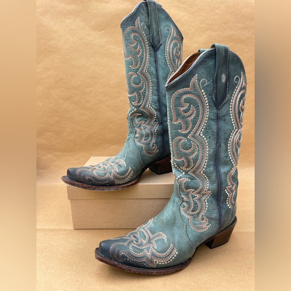 Corral Circle G, Blue and Tan Heeled Cowboy Boots, Size 9
